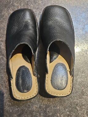 Predictions Black Leather Clog Mules with Tan Insole Trim